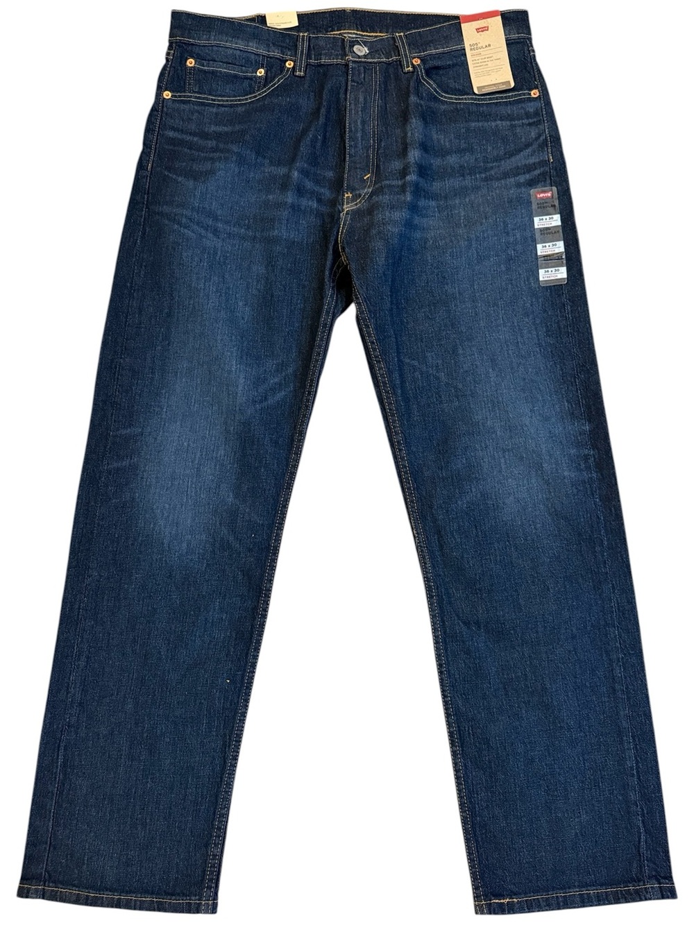 NWT Levi's 505 Regular Fit Straight Leg Jeans Dark Wash 99% Cotton Stretch 36x30